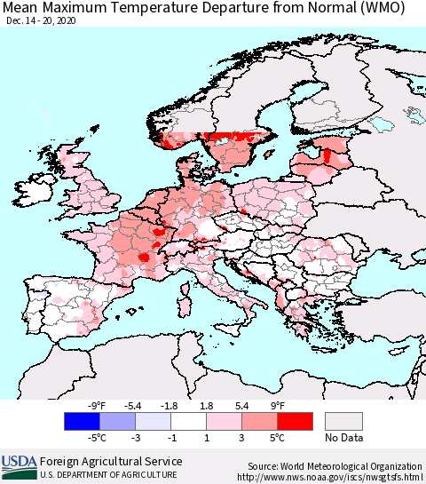Europe Mean Maximum Temperature Departure from Normal (WMO) Thematic Map For 12/14/2020 - 12/20/2020