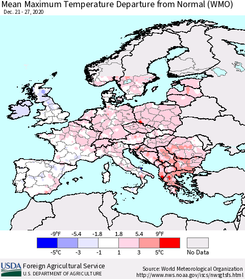 Europe Mean Maximum Temperature Departure from Normal (WMO) Thematic Map For 12/21/2020 - 12/27/2020