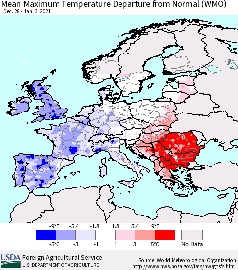 Europe Mean Maximum Temperature Departure from Normal (WMO) Thematic Map For 12/28/2020 - 1/3/2021