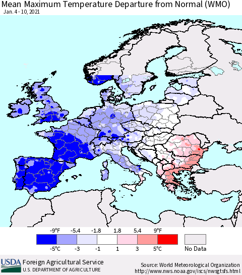 Europe Mean Maximum Temperature Departure from Normal (WMO) Thematic Map For 1/4/2021 - 1/10/2021