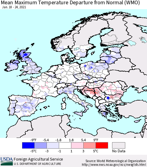 Europe Mean Maximum Temperature Departure from Normal (WMO) Thematic Map For 1/18/2021 - 1/24/2021