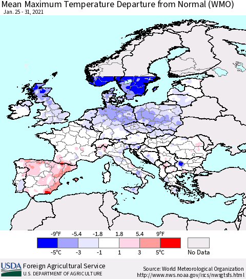 Europe Mean Maximum Temperature Departure from Normal (WMO) Thematic Map For 1/25/2021 - 1/31/2021