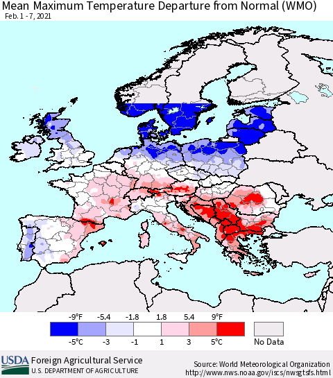 Europe Mean Maximum Temperature Departure from Normal (WMO) Thematic Map For 2/1/2021 - 2/7/2021