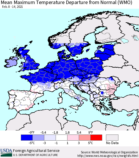 Europe Mean Maximum Temperature Departure from Normal (WMO) Thematic Map For 2/8/2021 - 2/14/2021