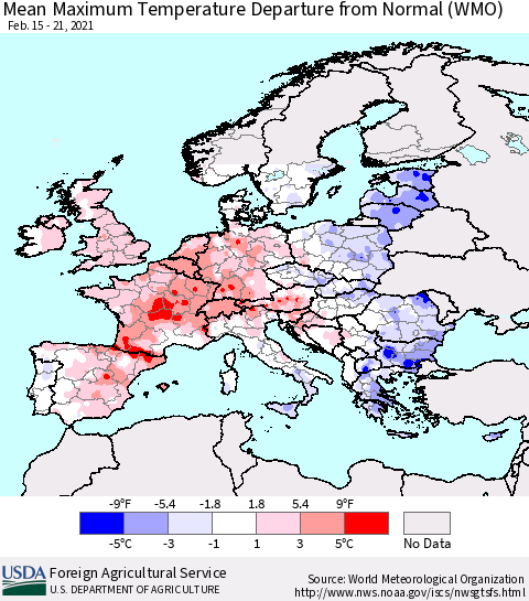 Europe Mean Maximum Temperature Departure from Normal (WMO) Thematic Map For 2/15/2021 - 2/21/2021