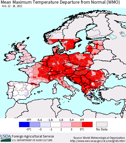 Europe Mean Maximum Temperature Departure from Normal (WMO) Thematic Map For 2/22/2021 - 2/28/2021