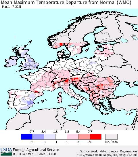 Europe Mean Maximum Temperature Departure from Normal (WMO) Thematic Map For 3/1/2021 - 3/7/2021
