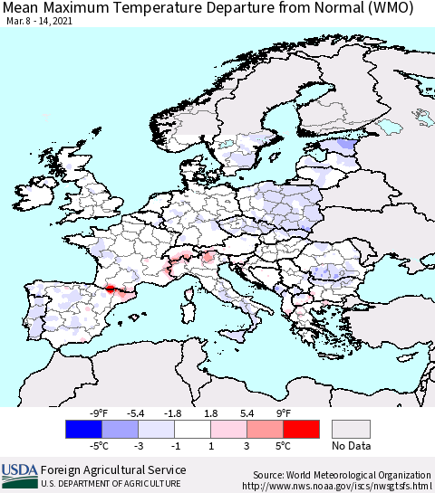 Europe Mean Maximum Temperature Departure from Normal (WMO) Thematic Map For 3/8/2021 - 3/14/2021