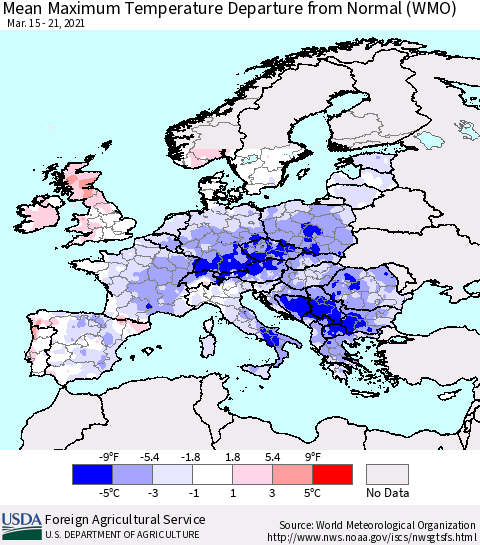 Europe Mean Maximum Temperature Departure from Normal (WMO) Thematic Map For 3/15/2021 - 3/21/2021