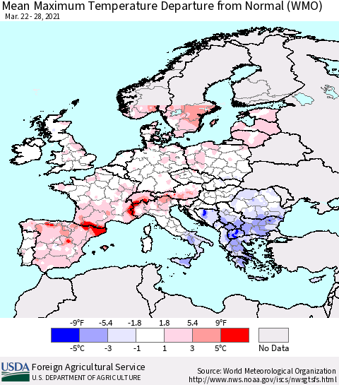 Europe Mean Maximum Temperature Departure from Normal (WMO) Thematic Map For 3/22/2021 - 3/28/2021