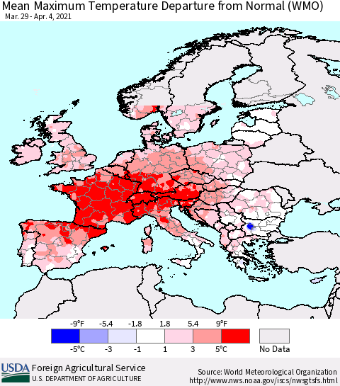 Europe Mean Maximum Temperature Departure from Normal (WMO) Thematic Map For 3/29/2021 - 4/4/2021