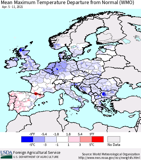 Europe Mean Maximum Temperature Departure from Normal (WMO) Thematic Map For 4/5/2021 - 4/11/2021