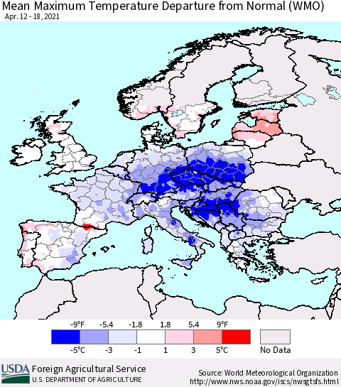 Europe Mean Maximum Temperature Departure from Normal (WMO) Thematic Map For 4/12/2021 - 4/18/2021