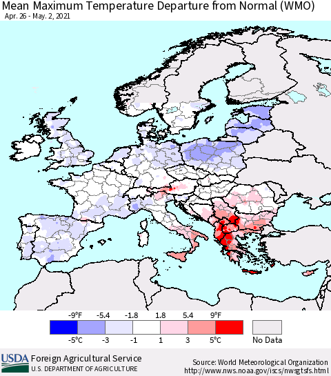 Europe Mean Maximum Temperature Departure from Normal (WMO) Thematic Map For 4/26/2021 - 5/2/2021