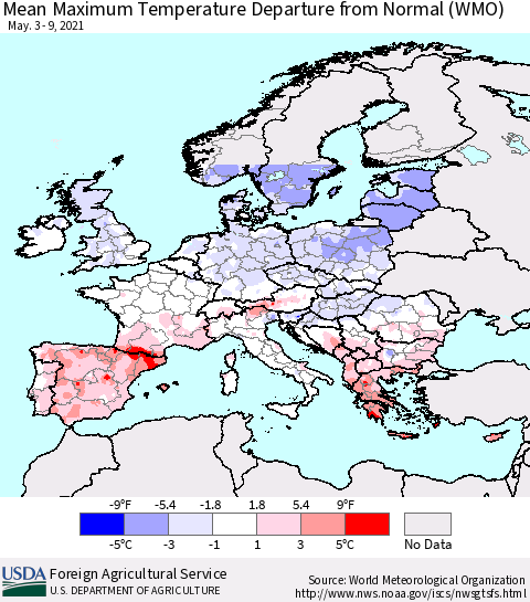 Europe Mean Maximum Temperature Departure from Normal (WMO) Thematic Map For 5/3/2021 - 5/9/2021
