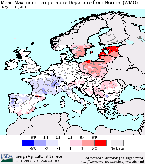Europe Mean Maximum Temperature Departure from Normal (WMO) Thematic Map For 5/10/2021 - 5/16/2021