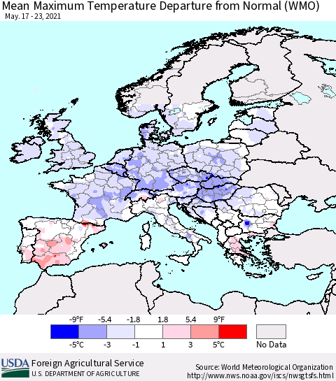 Europe Mean Maximum Temperature Departure from Normal (WMO) Thematic Map For 5/17/2021 - 5/23/2021
