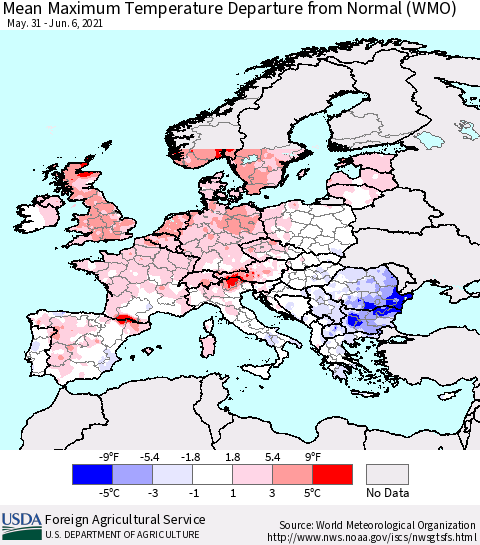Europe Mean Maximum Temperature Departure from Normal (WMO) Thematic Map For 5/31/2021 - 6/6/2021