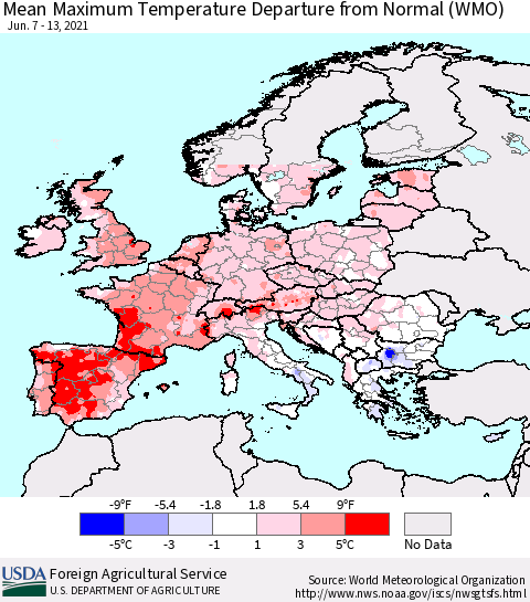 Europe Mean Maximum Temperature Departure from Normal (WMO) Thematic Map For 6/7/2021 - 6/13/2021