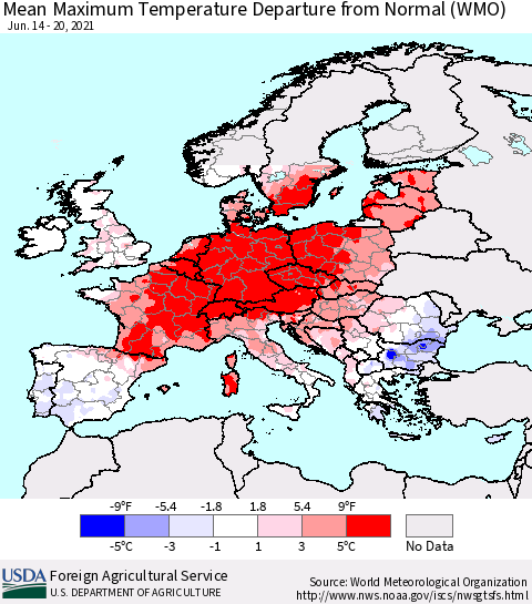 Europe Mean Maximum Temperature Departure from Normal (WMO) Thematic Map For 6/14/2021 - 6/20/2021