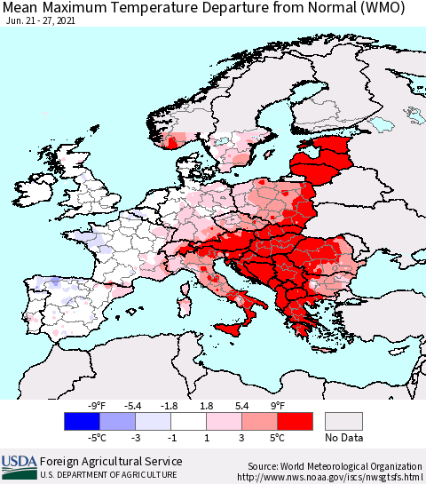 Europe Mean Maximum Temperature Departure from Normal (WMO) Thematic Map For 6/21/2021 - 6/27/2021