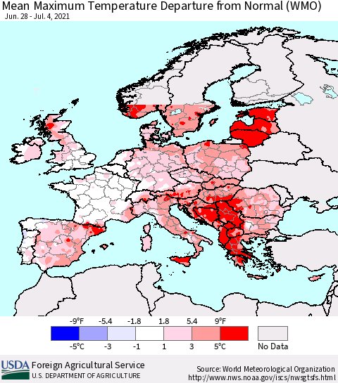 Europe Mean Maximum Temperature Departure from Normal (WMO) Thematic Map For 6/28/2021 - 7/4/2021