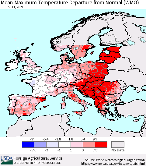 Europe Mean Maximum Temperature Departure from Normal (WMO) Thematic Map For 7/5/2021 - 7/11/2021