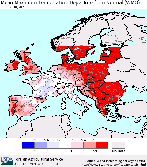 Europe Mean Maximum Temperature Departure from Normal (WMO) Thematic Map For 7/12/2021 - 7/18/2021