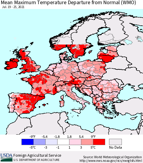 Europe Mean Maximum Temperature Departure from Normal (WMO) Thematic Map For 7/19/2021 - 7/25/2021