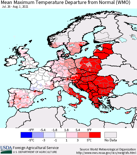Europe Mean Maximum Temperature Departure from Normal (WMO) Thematic Map For 7/26/2021 - 8/1/2021