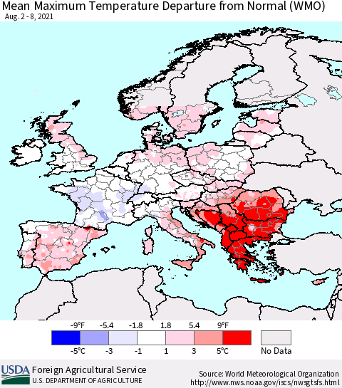 Europe Mean Maximum Temperature Departure from Normal (WMO) Thematic Map For 8/2/2021 - 8/8/2021