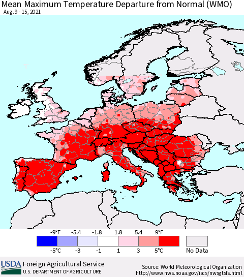 Europe Mean Maximum Temperature Departure from Normal (WMO) Thematic Map For 8/9/2021 - 8/15/2021