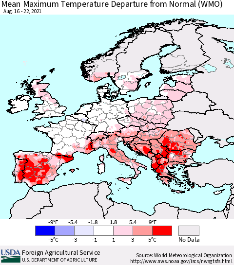 Europe Mean Maximum Temperature Departure from Normal (WMO) Thematic Map For 8/16/2021 - 8/22/2021