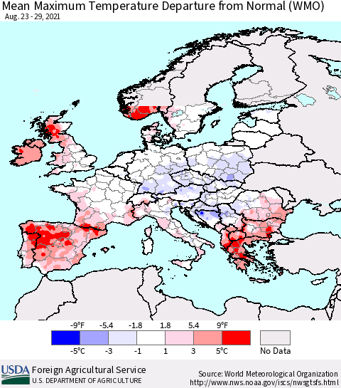 Europe Mean Maximum Temperature Departure from Normal (WMO) Thematic Map For 8/23/2021 - 8/29/2021