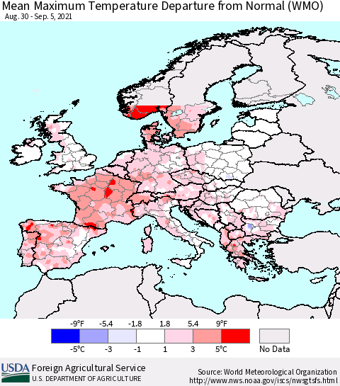 Europe Mean Maximum Temperature Departure from Normal (WMO) Thematic Map For 8/30/2021 - 9/5/2021