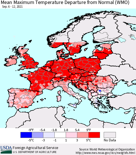 Europe Mean Maximum Temperature Departure from Normal (WMO) Thematic Map For 9/6/2021 - 9/12/2021