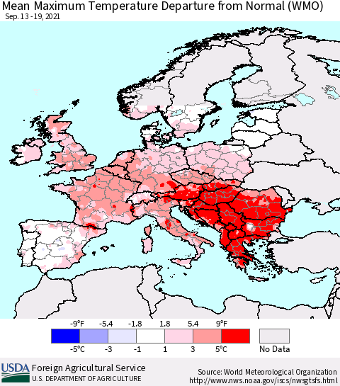 Europe Mean Maximum Temperature Departure from Normal (WMO) Thematic Map For 9/13/2021 - 9/19/2021