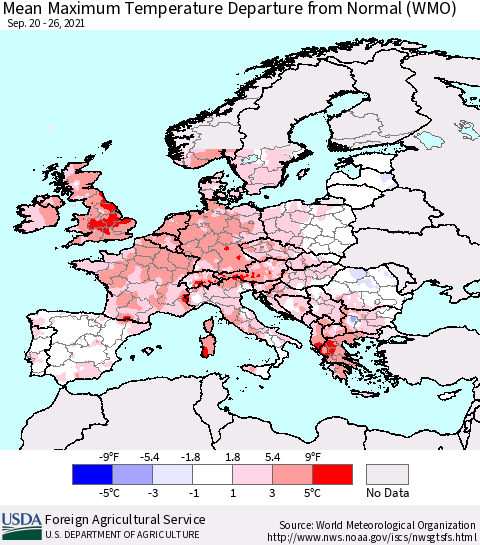 Europe Mean Maximum Temperature Departure from Normal (WMO) Thematic Map For 9/20/2021 - 9/26/2021