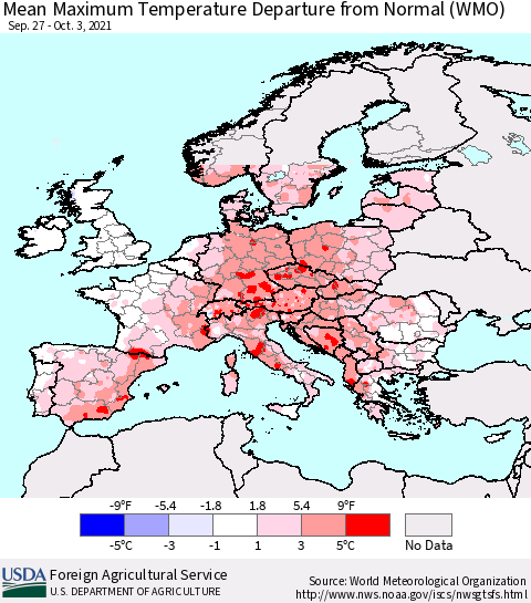 Europe Mean Maximum Temperature Departure from Normal (WMO) Thematic Map For 9/27/2021 - 10/3/2021