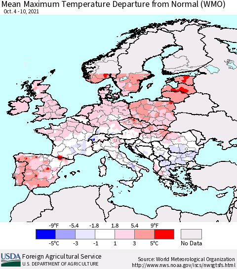 Europe Mean Maximum Temperature Departure from Normal (WMO) Thematic Map For 10/4/2021 - 10/10/2021