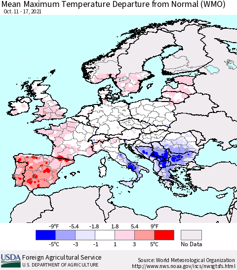 Europe Mean Maximum Temperature Departure from Normal (WMO) Thematic Map For 10/11/2021 - 10/17/2021