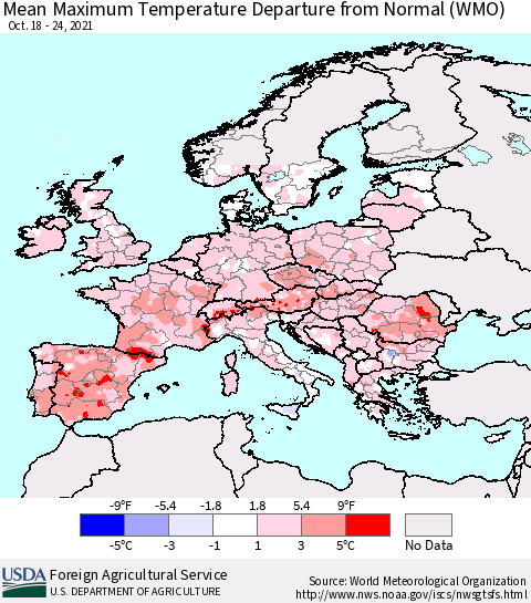 Europe Mean Maximum Temperature Departure from Normal (WMO) Thematic Map For 10/18/2021 - 10/24/2021