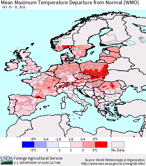 Europe Mean Maximum Temperature Departure from Normal (WMO) Thematic Map For 10/25/2021 - 10/31/2021