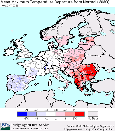 Europe Mean Maximum Temperature Departure from Normal (WMO) Thematic Map For 11/1/2021 - 11/7/2021