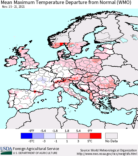Europe Mean Maximum Temperature Departure from Normal (WMO) Thematic Map For 11/15/2021 - 11/21/2021