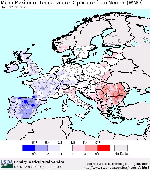 Europe Mean Maximum Temperature Departure from Normal (WMO) Thematic Map For 11/22/2021 - 11/28/2021