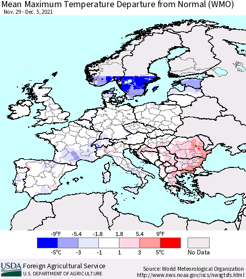 Europe Mean Maximum Temperature Departure from Normal (WMO) Thematic Map For 11/29/2021 - 12/5/2021