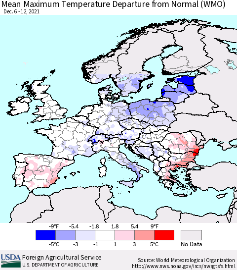 Europe Mean Maximum Temperature Departure from Normal (WMO) Thematic Map For 12/6/2021 - 12/12/2021