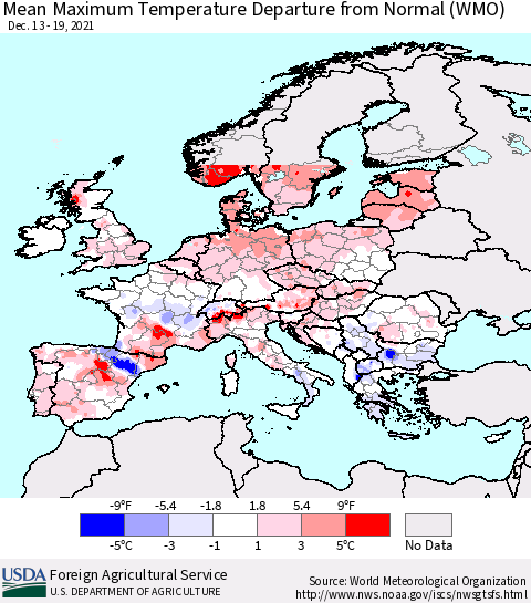 Europe Mean Maximum Temperature Departure from Normal (WMO) Thematic Map For 12/13/2021 - 12/19/2021