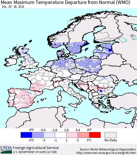 Europe Mean Maximum Temperature Departure from Normal (WMO) Thematic Map For 12/20/2021 - 12/26/2021
